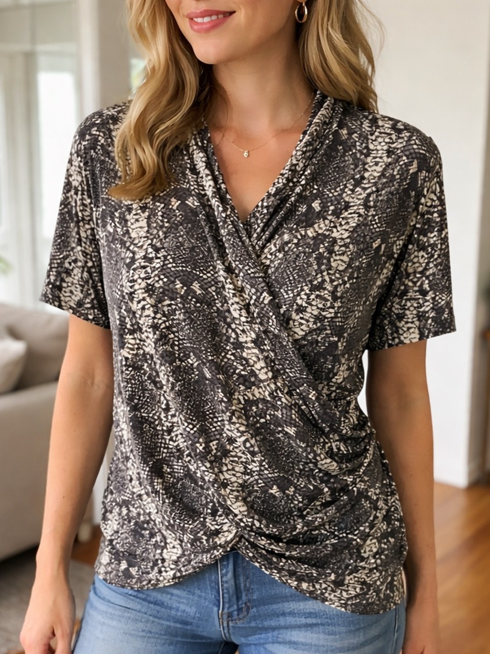 Marc By Marc Jacobs Black and Cream Draped Wrap Short Sleeve Tee